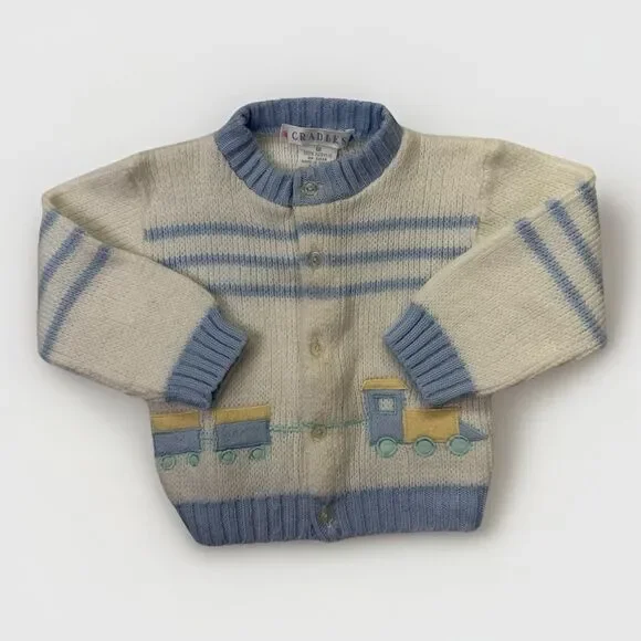 Vintage Baby Cardigan Sweater Train Knit 12 Months Blue White Cradles Sweet - Picture 2 of 7